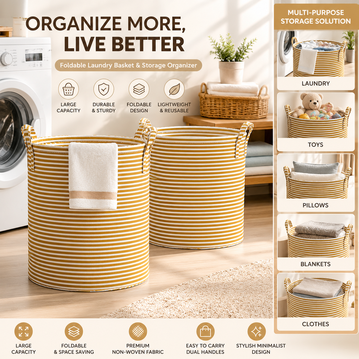 Foldable Striped Laundry Basket & Storage Organizer