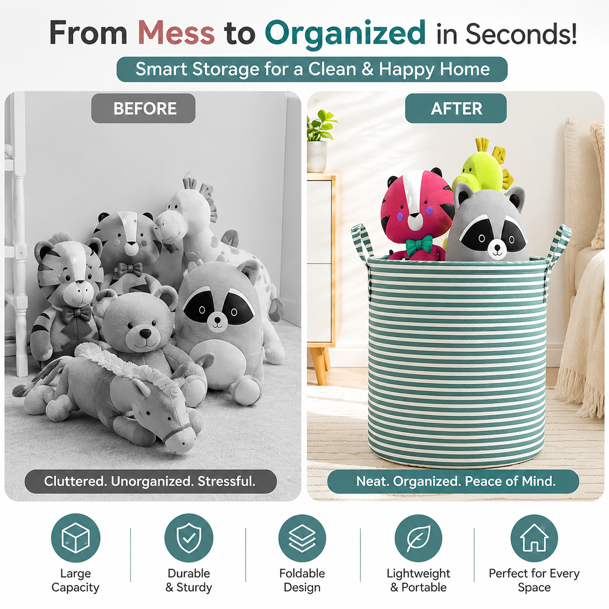 Foldable Striped Laundry Basket & Storage Organizer