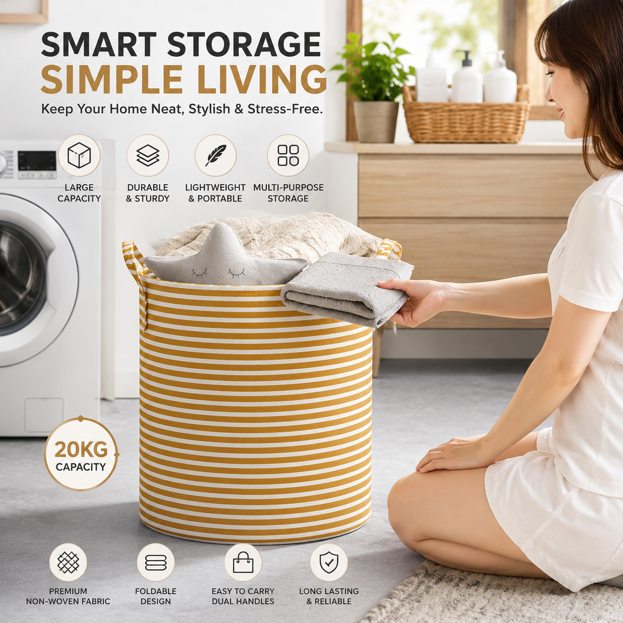 Foldable Striped Laundry Basket & Storage Organizer