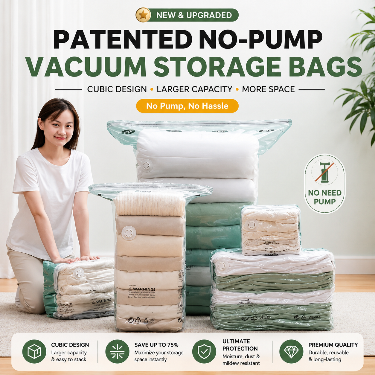 No-Pump Vacuum Storage Bags & Space Saver Organizer