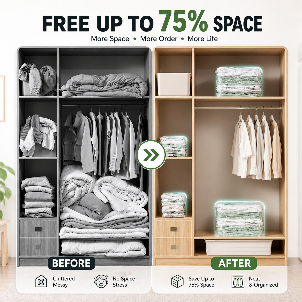 No-Pump Vacuum Storage Bags & Space Saver Organizer