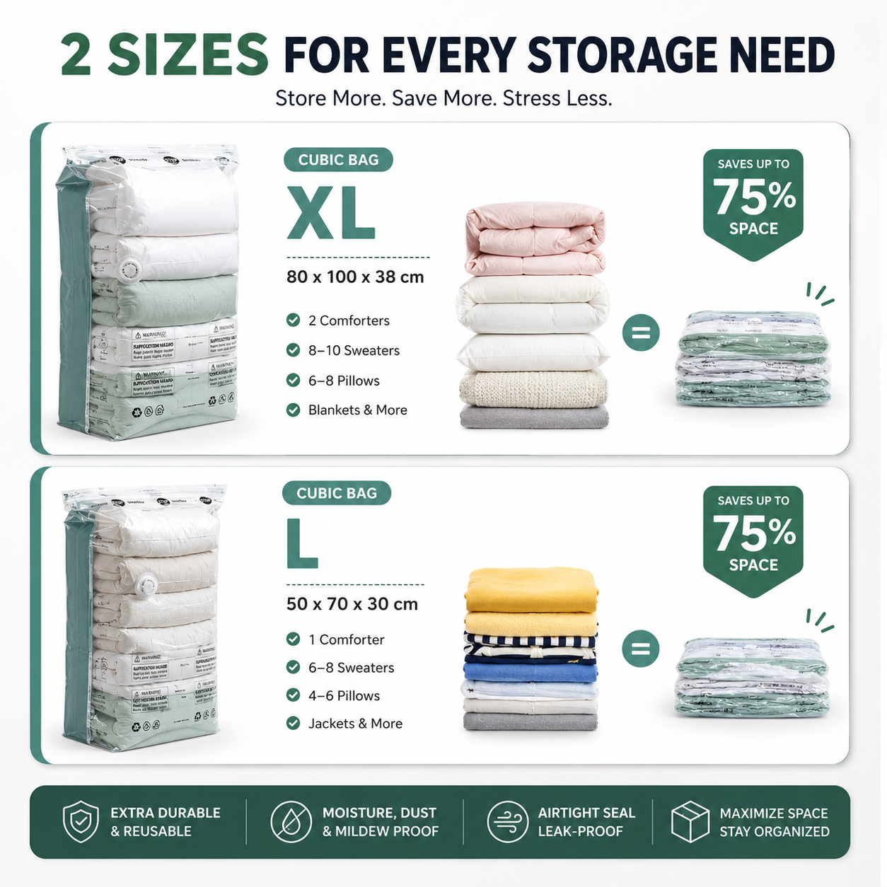 No-Pump Vacuum Storage Bags & Space Saver Organizer