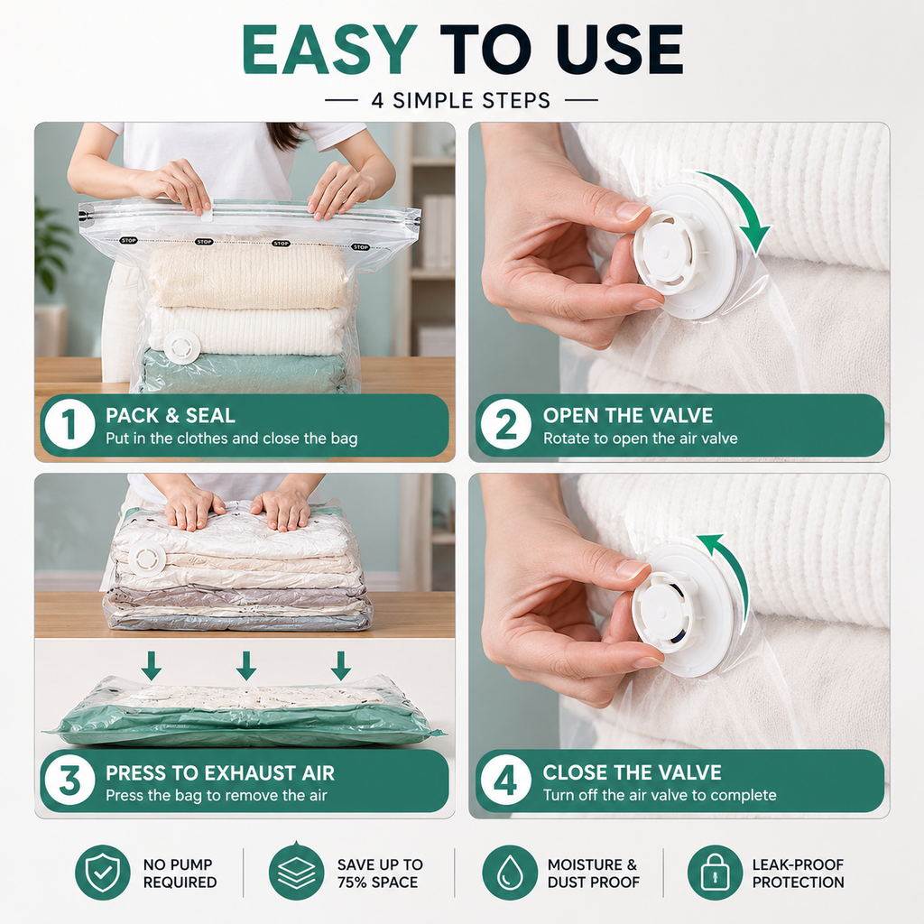 No-Pump Vacuum Storage Bags & Space Saver Organizer