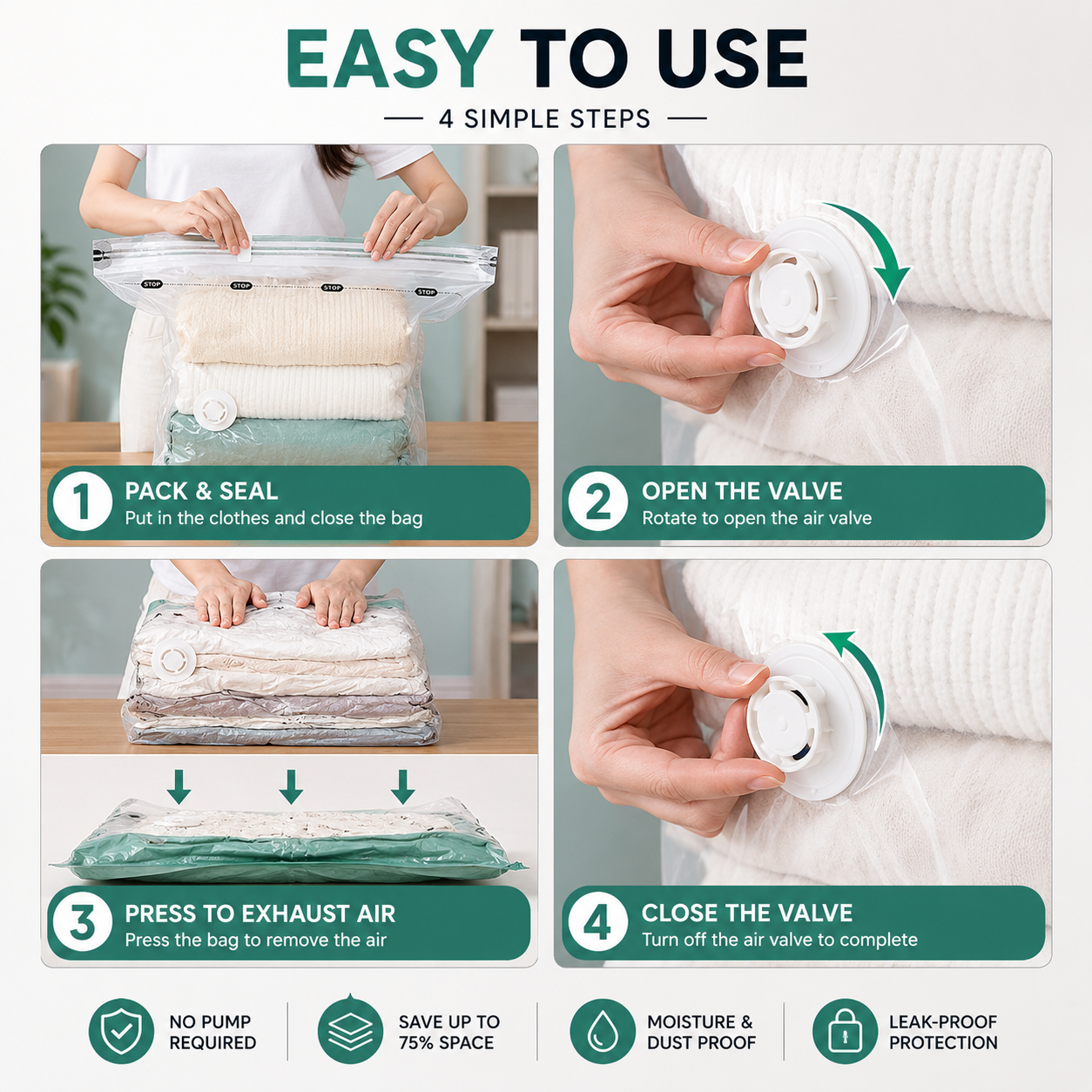 No-Pump Vacuum Storage Bags & Space Saver Organizer