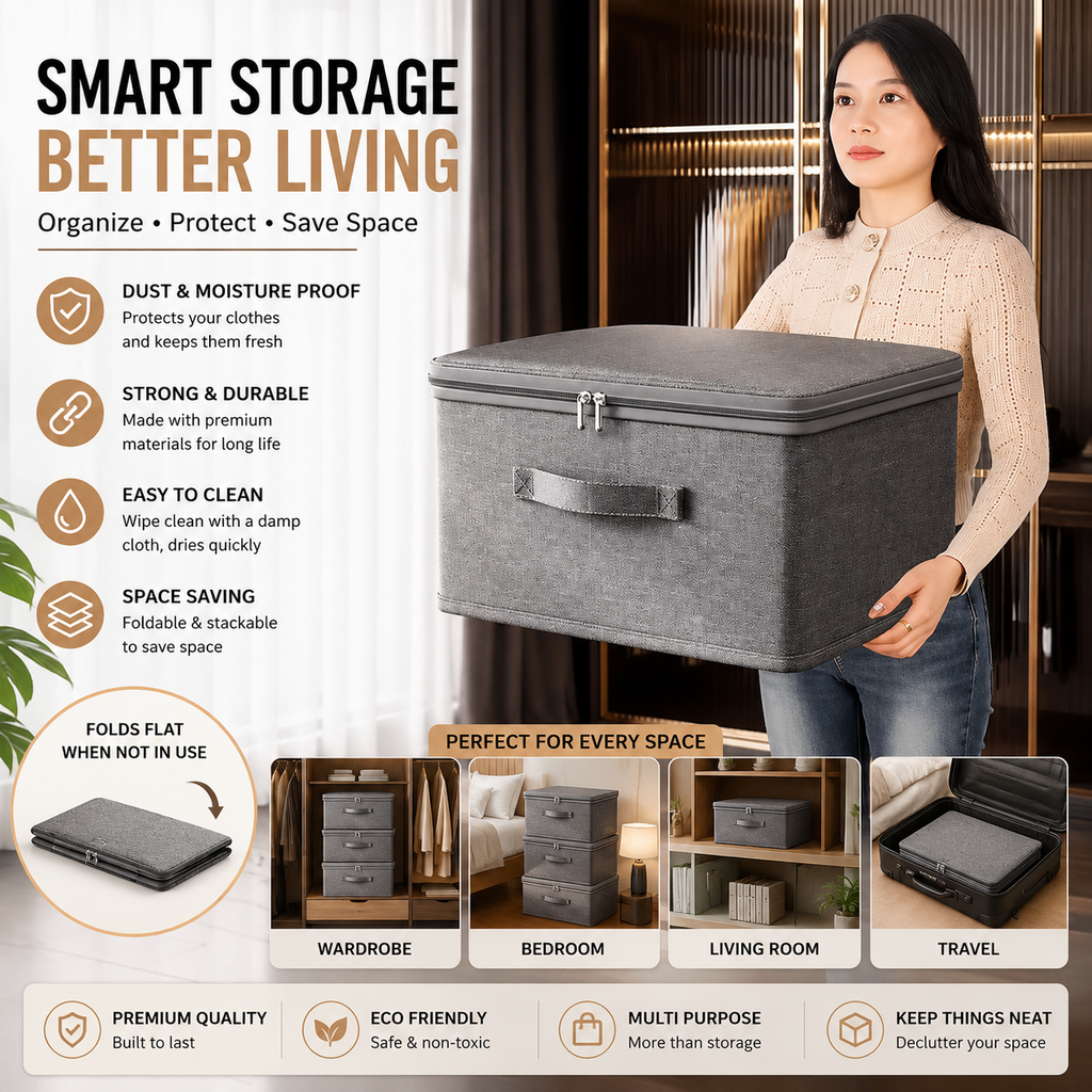 Soft Cover Zipper Storage Box & Portable Clothes Organizer