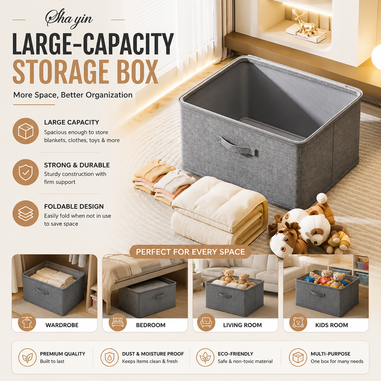 Soft Cover Zipper Storage Box & Portable Clothes Organizer