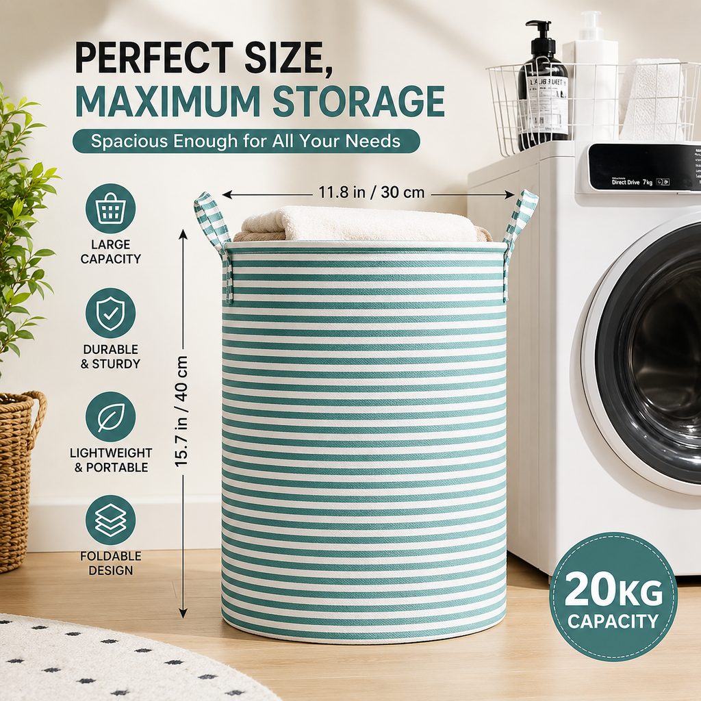 Foldable Striped Laundry Basket & Storage Organizer