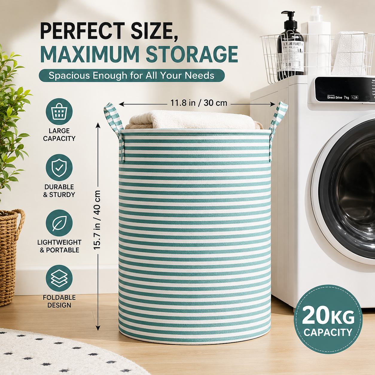 Foldable Striped Laundry Basket & Storage Organizer
